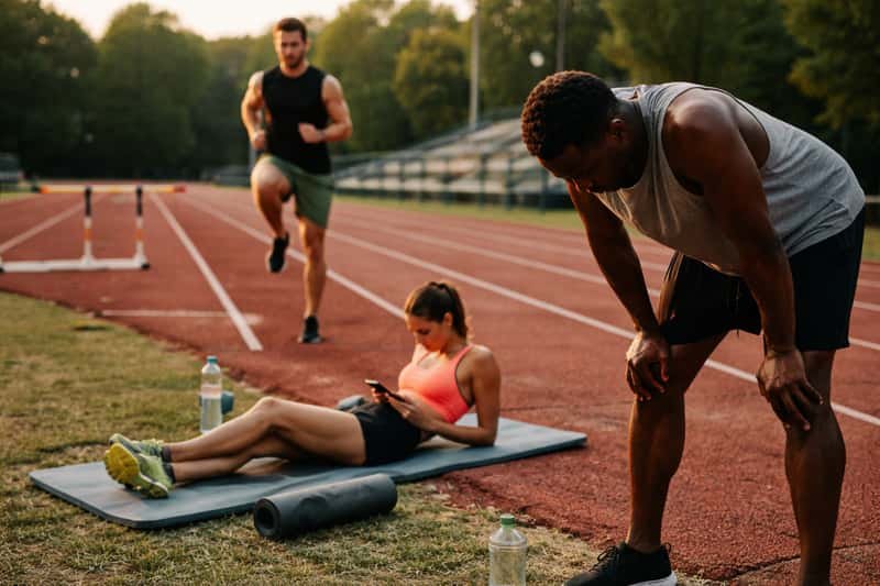 Athlete in running gear sitting on track edge, one leg extended for hamstring stretch while checking sports watch, track lane