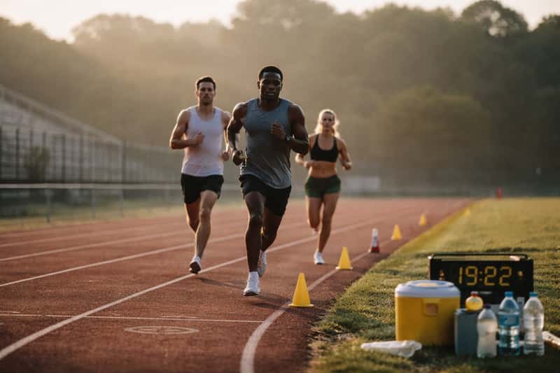 Athlete in running shoes on indoor track, mid-stride during interval training session with timing clock visible in background