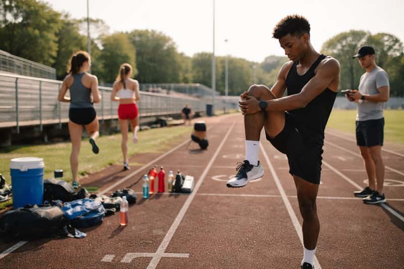 Athlete in running spikes standing at track starting blocks with lane markings visible, hand positioned on block in ready sta