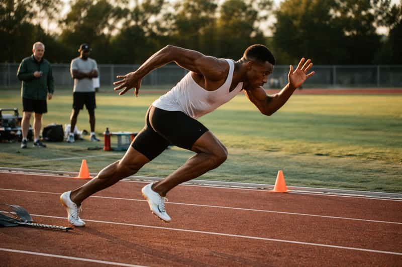 Athlete in sprinting stance on track, explosive leg drive captured mid-stride, coach with clipboard observing from sideline