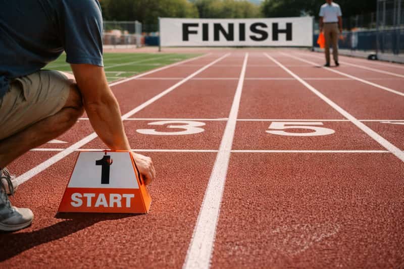 Athlete's feet positioned at white starting line on red track, with finish line visible in distance down the straightaway