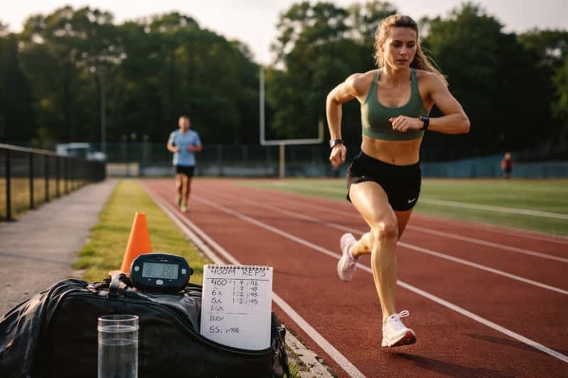 Runner in motion on a track, mid-stride during a sprint interval, with a stopwatch visible in the foreground and distance mar