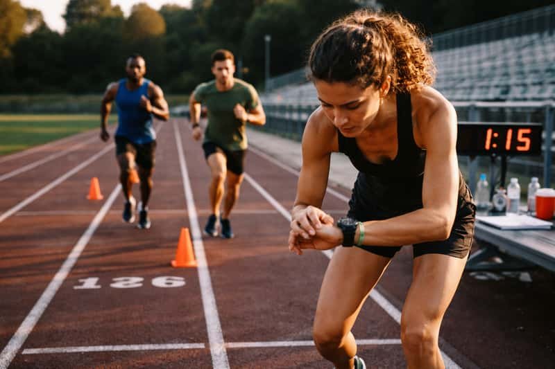 Runner in motion on track during interval sprint, sweat visible, focused expression, with distance markers and timing clock i