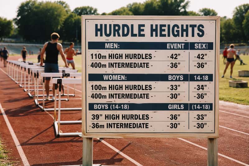 Track and field athlete mid-stride clearing a hurdle during outdoor competition, with additional hurdles visible in the dista