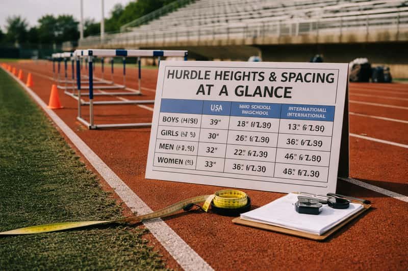 Track hurdles of varying heights arranged in sequence on a running track, with measurement markers and spacing indicators vis