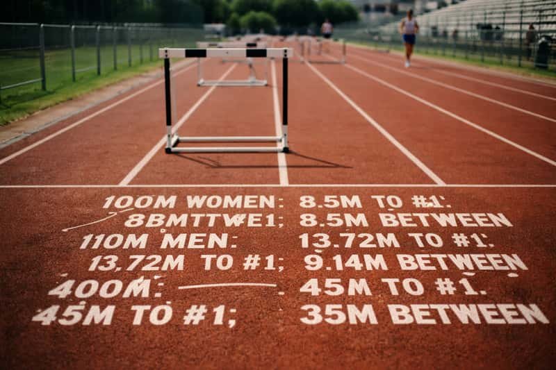 Track with white hurdles spaced at measured intervals, numbered markers visible on the ground between each hurdle